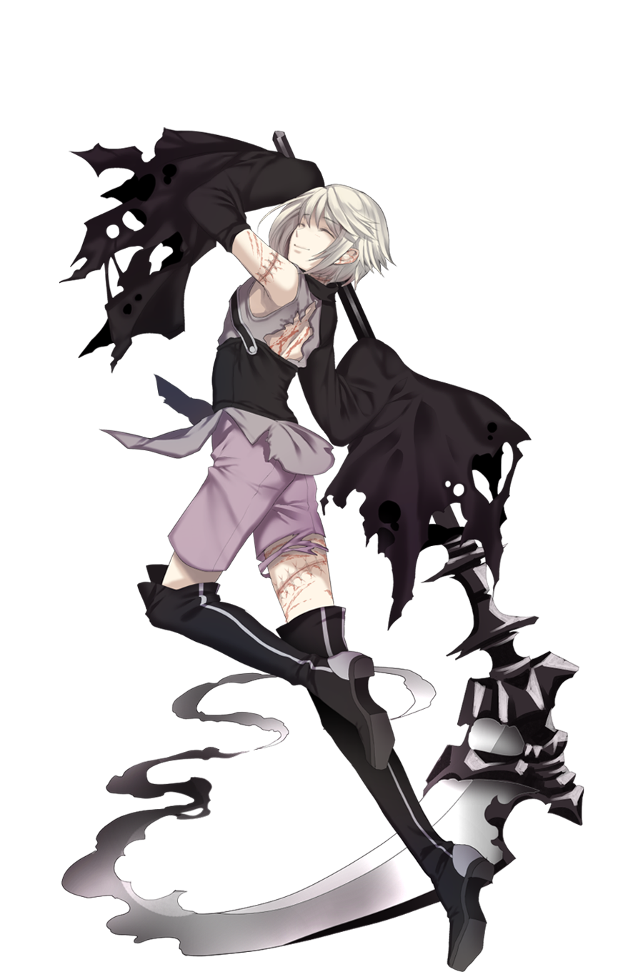 androgynous black_legwear boots closed_eyes detached_sleeves full_body highres hnaya holding holding_scythe knee_boots nell_(renkai_frontier) official_art renkai_frontier scar scythe shorts solo stitches transparent_background white_hair