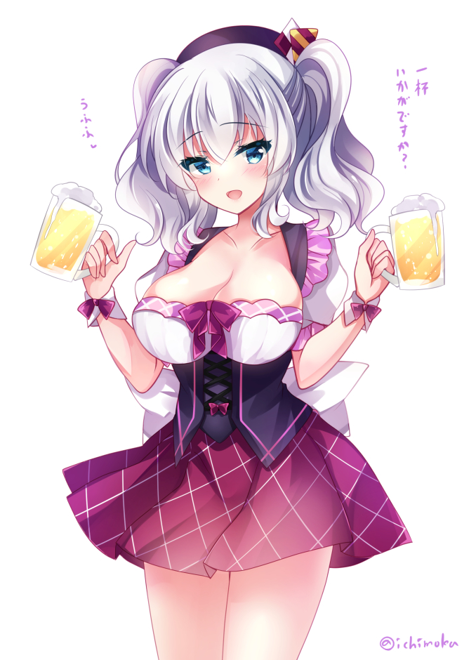 1girl :d alcohol bangs beer beer_mug beret black_hat blue_eyes blush breasts cleavage collarbone cowboy_shot cup dirndl eyebrows_visible_through_hair foam german_clothes hair_between_eyes hat head_tilt holding holding_cup ichiyou_moka kantai_collection kashima_(kantai_collection) large_breasts looking_at_viewer mug open_mouth pleated_skirt puffy_short_sleeves puffy_sleeves purple_skirt shirt short_sleeves sidelocks silver_hair simple_background skirt smile solo translated tsurime twintails twitter_username underbust uniform waitress wavy_hair white_background white_shirt wrist_cuffs