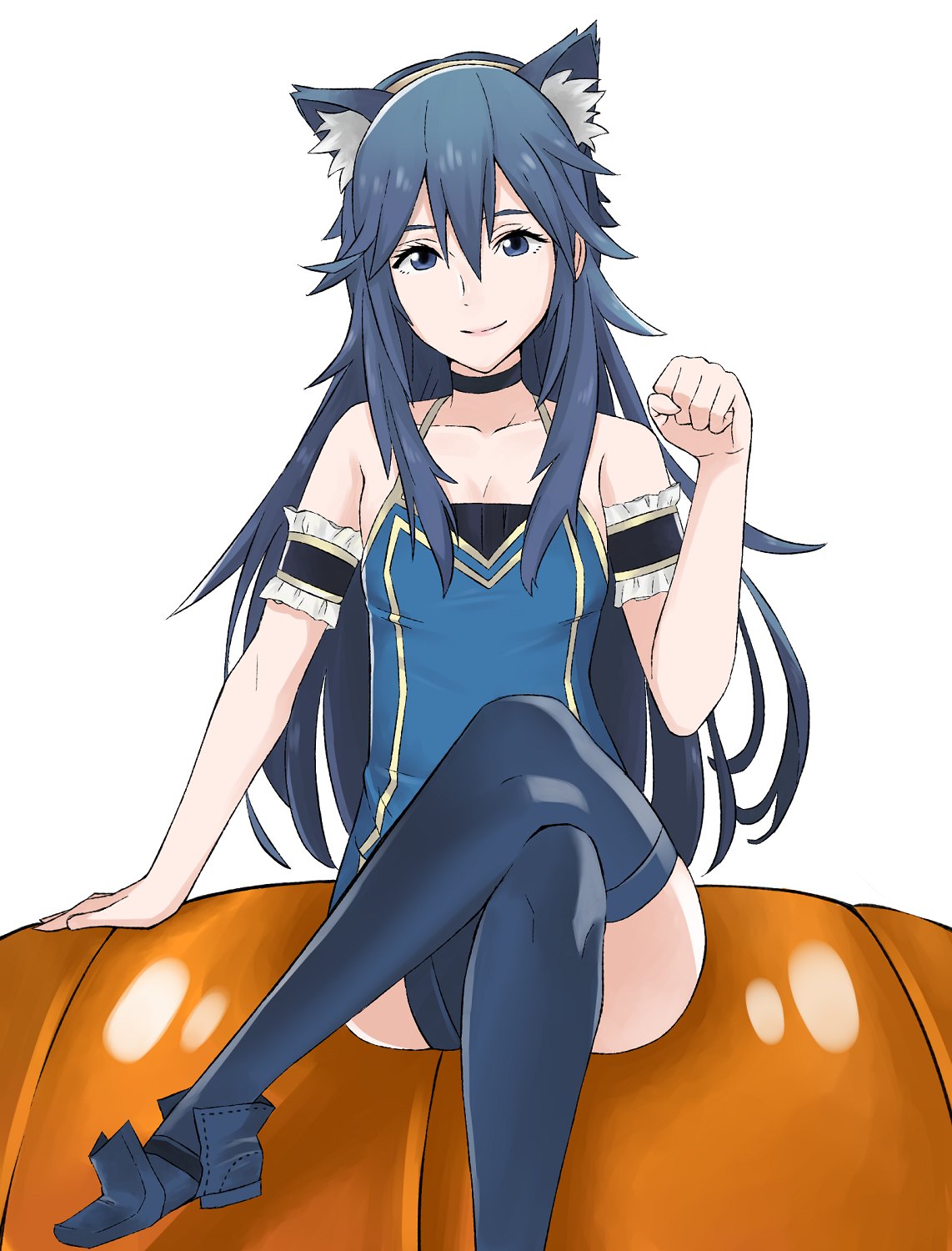 1girl ass blue_eyes blue_hair blush fire_emblem fire_emblem:_kakusei fire_emblem_heroes halloween highres j@ck long_hair looking_at_viewer lucina nintendo panties simple_background smile solo thigh-highs tiara underwear