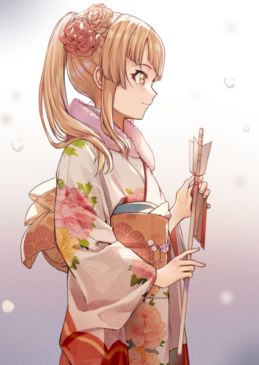 1girl arrow bang_dream! blonde_hair brown_hair closed_mouth floral_print flower from_side hair_flower hair_ornament hamaya highres holding japanese_clothes kimono long_hair long_sleeves multicolored multicolored_background obi piza_rokumai ponytail profile revision sash smile snow solo standing tsurumaki_kokoro