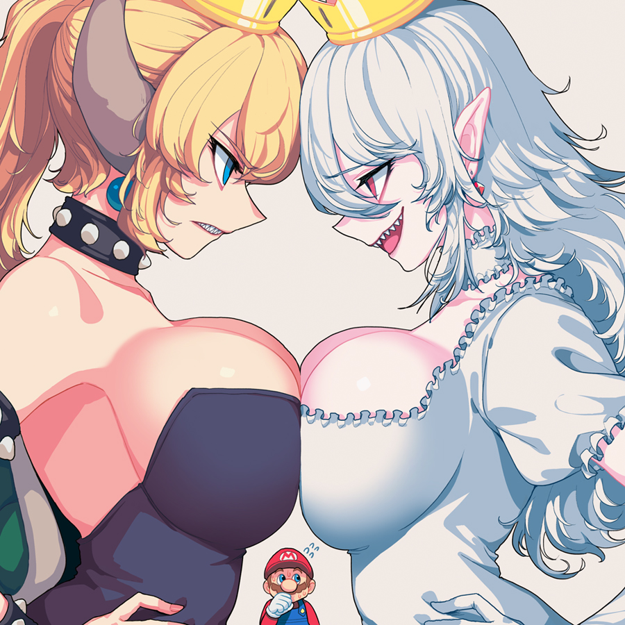 2girls bare_shoulders black_dress blonde_hair blue_eyes blush borrowed_character bowsette breast_contest breast_press breasts choker cleavage collar commentary crown dress earrings elbow_gloves eyebrows_visible_through_hair face-to-face facial_hair fingernails flying_sweatdrops frilled_choker frilled_dress frills gloves hands_on_hips hat hips horns jewelry large_breasts long_fingernails long_hair luigi's_mansion mario super_mario_bros. multiple_girls mustache new_super_mario_bros._u_deluxe nintendo open_mouth pale_skin pointy_ears ponytail princess_king_boo profile red_eyes revision sharp_teeth silver_hair simple_background smile strapless strapless_dress studded_bracelet studded_collar sungwon super_crown symmetrical_docking teeth upper_body white_background white_dress white_gloves