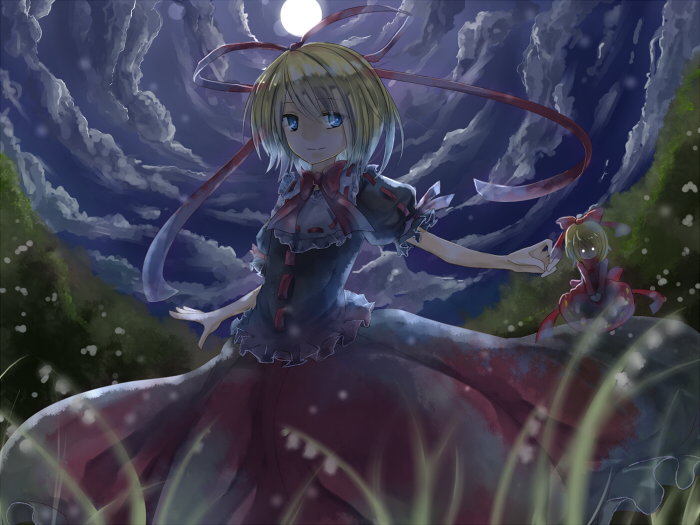 2girls :o blonde_hair blue_eyes bubble_skirt bush capelet clouds flower frilled_skirt frills huge_bow lily_of_the_valley long_sleeves medicine_melancholy moon multiple_girls nameless_hill night night_sky o_o phantasmagoria_of_flower_view puffy_short_sleeves puffy_sleeves ribbon shaded_face short_sleeves size_difference skirt sky smile straw_like su-san touhou white_eyes white_ribbon