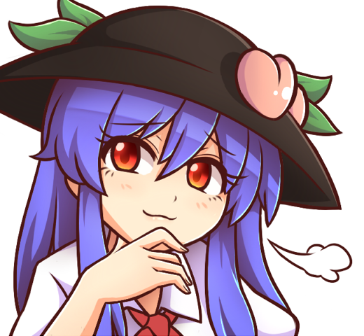 1girl :3 =3 bangs black_hat blue_hair blush commentary commission english_commentary eyebrows_visible_through_hair food fruit hair_between_eyes hand_on_own_chin hand_up hat head_tilt hinanawi_tenshi leaf long_hair looking_at_viewer peach portrait puffy_short_sleeves puffy_sleeves red_eyes red_neckwear shirt short_sleeves sidelocks simple_background solo touhou white_background white_shirt wing_collar wool_(miwol)