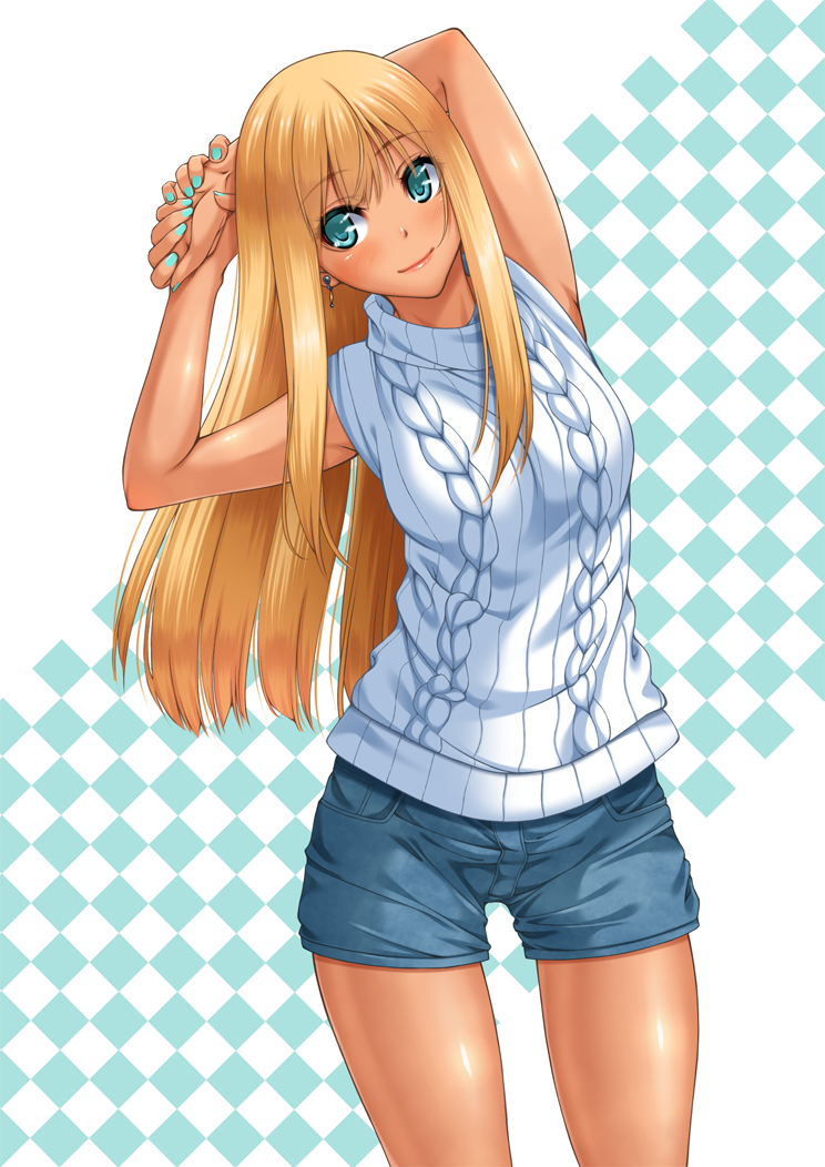 1girl aqua_eyes aqua_nails arm_behind_head blonde_hair blush chiro commentary_request cowboy_shot earrings eyebrows_visible_through_hair jewelry long_hair nail_polish original revision ribbed_sweater short_shorts shorts simple_background sleeveless smile solo sweater sweater_vest tan white_sweater