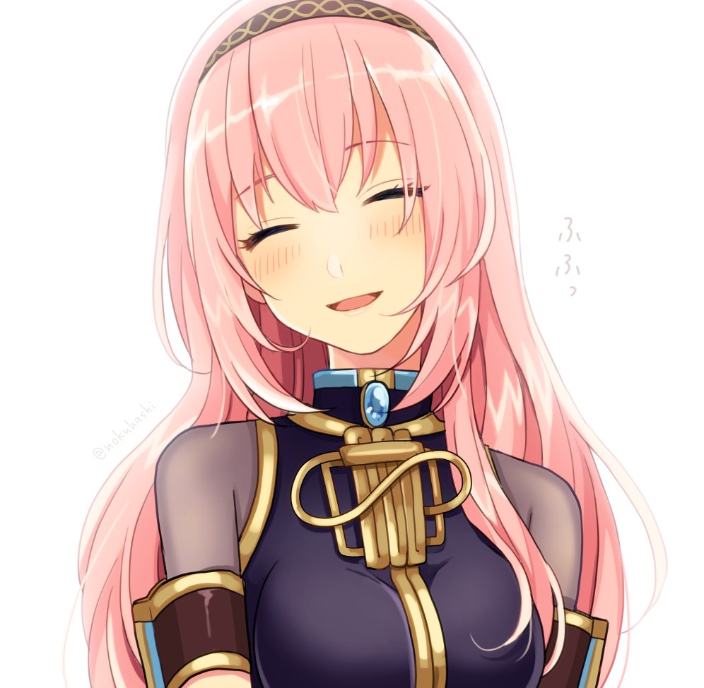 1girl :d bloom breasts closed_eyes eyelashes hairband laughing long_hair megurine_luka nokuhashi open_mouth pink_hair simple_background smile solo twitter_username upper_body vocaloid