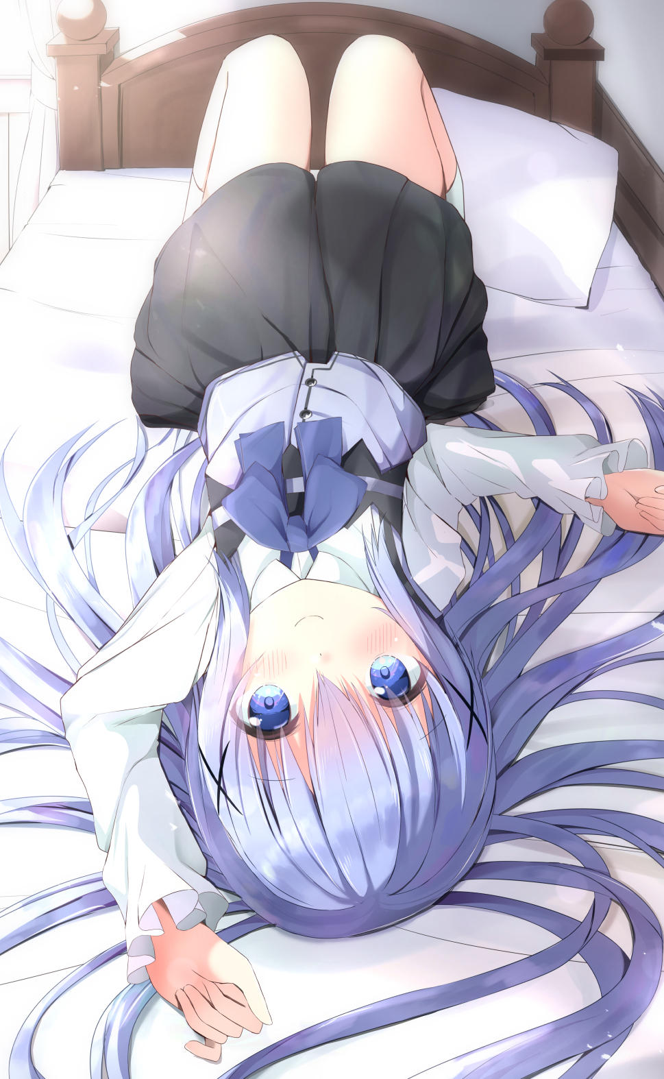 1girl arm_up bangs bed black_skirt blue_bow blue_eyes blue_hair blue_vest blush bow closed_mouth commentary_request curtains eyebrows_visible_through_hair gochuumon_wa_usagi_desu_ka? hair_between_eyes hair_ornament hair_spread_out head_tilt highres indoors kafuu_chino kouda_suzu long_hair long_sleeves looking_at_viewer lying on_back on_bed pillow pleated_skirt rabbit_house_uniform shirt sidelocks skirt sleeves_past_wrists smile socks solo uniform upside-down very_long_hair vest waitress white_legwear white_shirt window x_hair_ornament