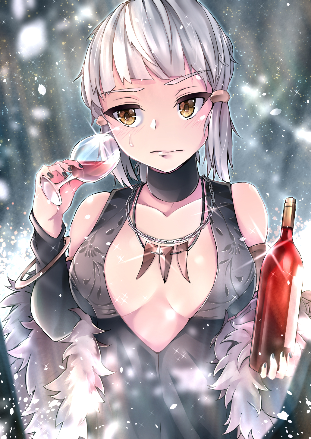 1girl 207loz alcohol black_choker black_dress black_nails blush bottle breasts breasts_apart choker collar cup detached_sleeves dress drinking_glass fate/grand_order fate_(series) fur_coat hair_tubes highres jewelry large_breasts long_hair looking_at_viewer nail_polish necklace no_bra penthesilea_(fate/grand_order) red_wine shining_skyscrapers sidelocks snow solo sweatdrop tooth_necklace upper_body white_hair wine wine_bottle wine_glass yellow_eyes