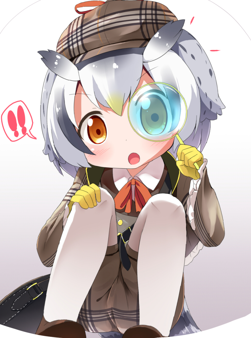 !! 1girl :o bag bird_tail commentary_request gloves grey_hair hat kemono_friends looking_at_viewer magnifying_glass makuran multicolored_hair northern_white-faced_owl_(kemono_friends) orange_eyes pantyhose pantyhose_under_shorts short_hair shoulder_bag simple_background sitting solo speech_bubble squatting white_hair white_legwear yellow_gloves
