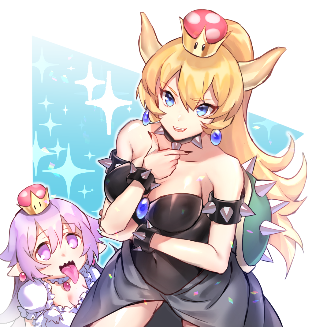 2girls arm_rest bare_shoulders black_leotard black_nails blue_earrings bowsette bracelet breasts brooch cleavage collar fingernails grey_skirt hand_on_own_elbow horns jewelry leotard light_blue_eyes long_hair long_ponytail long_skirt luigi's_mansion super_mario_bros. medium_breasts multiple_girls nail_polish new_super_mario_bros._u_deluxe nintendo open_clothes open_skirt pendant popupi princess_king_boo puffy_short_sleeves puffy_sleeves purple_hair red_earrings sharp_fingernails shiny shiny_hair short_sleeves skirt smile sparkle_background spiked_bracelet spiked_collar spiked_shell spikes strapless strapless_leotard super_crown tongue tongue_out very_long_hair violet_eyes