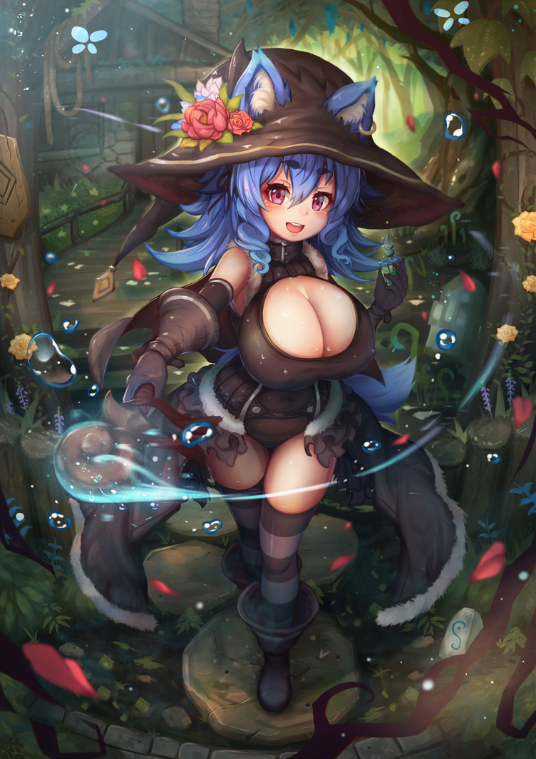 1girl :d ai_gon_deroga animal_ear_fluff animal_ears bare_shoulders blue_hair blurry boots breasts bridge cleavage cleavage_cutout depth_of_field ears_through_headwear eyebrows_visible_through_hair flower forest fur_trim gloves hair_between_eyes hat hat_flower house huge_breasts jewelry leather leotard magic medium_hair nature open_mouth oppai_loli original pink_eyes potion revision showgirl_skirt single_earring smile solo staff striped striped_legwear tail thigh-highs tree water witch witch_hat wolf_ears wolf_tail