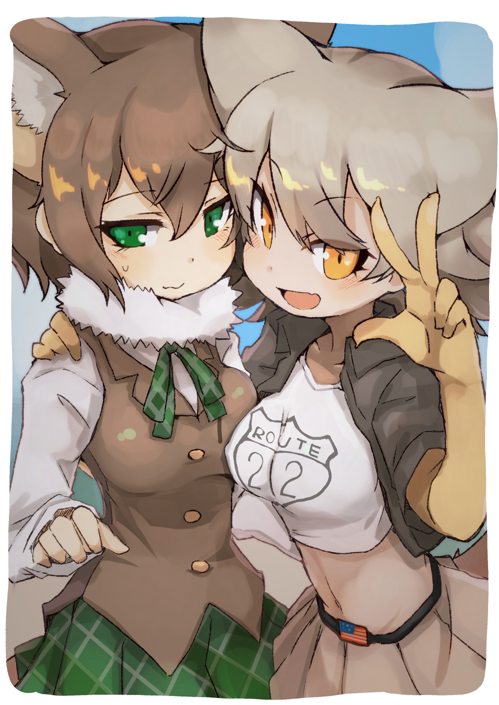 2girls :d american_flag black_jacket brown_hair clothes_writing commentary coyote_(kemono_friends) crop_top dual_persona extra_ears eyebrows_visible_through_hair eyes_visible_through_hair fur_collar gloves green_eyes grey_hair hair_between_eyes highres jacket kemono_friends long_sleeves looking_at_viewer medium_hair multiple_girls open_mouth orange_eyes pleated_skirt skirt smile teranekosu w yellow_gloves
