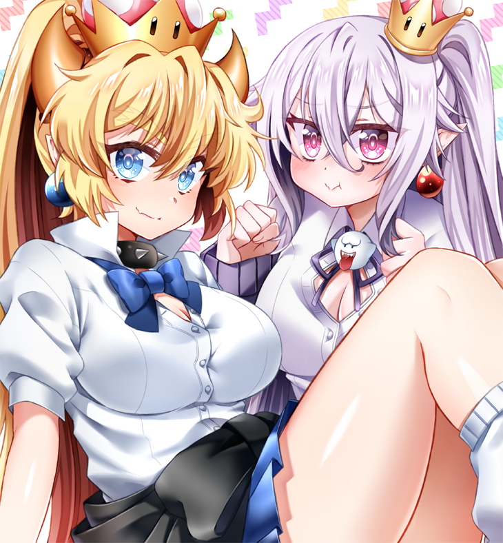 2girls black_jacket blonde_hair blue_bow blue_eyes blue_skirt blush bow bowsette breasts cleavage clenched_hands clothes_around_waist collar collared_shirt commentary_request covered_navel crown earrings eyebrows_visible_through_hair fang forked_eyebrows hago hair_between_eyes horns jacket jacket_around_waist jewelry kneehighs large_breasts long_hair long_ponytail looking_at_viewer luigi's_mansion super_mario_bros. mini_crown multiple_girls new_super_mario_bros._u_deluxe nintendo pleated_skirt pointy_ears pout princess_king_boo purple_ribbon purple_shirt ribbon school_uniform shirt short_sleeves sitting skirt smile spiked_collar spikes super_crown thick_eyebrows tilted_headwear unbuttoned very_long_hair violet_eyes white_hair white_shirt