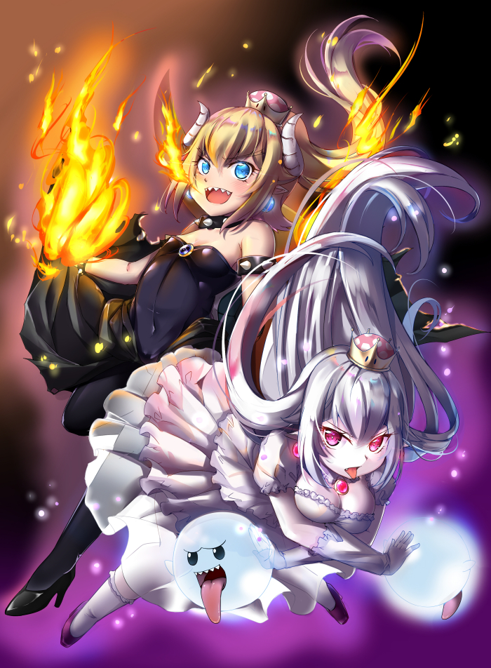 2girls aura bangs black_footwear black_leotard black_skirt blue_pupils blush boo bowsette bracelet breasts breathing_fire collar crossed_arms dress elbow_gloves fire frilled_legwear gloves glowing_earrings hair_between_eyes high_heels horns jewelry kneehighs leotard light_blue_eyes light_particles long_hair long_ponytail long_skirt long_tongue super_mario_bros. multiple_girls new_super_mario_bros._u_deluxe nintendo open_mouth pink_eyes pink_pupils princess_king_boo puffy_short_sleeves puffy_sleeves reflective_eyes sapphire_(stone) serious sesield sharp_teeth shiny shiny_hair short_sleeves skirt skirt_lift small_breasts smile spiked_bracelet spiked_collar spikes strapless strapless_leotard super_crown teeth tongue tongue_out torn_clothes torn_skirt very_long_hair white_dress white_gloves white_legwear wind