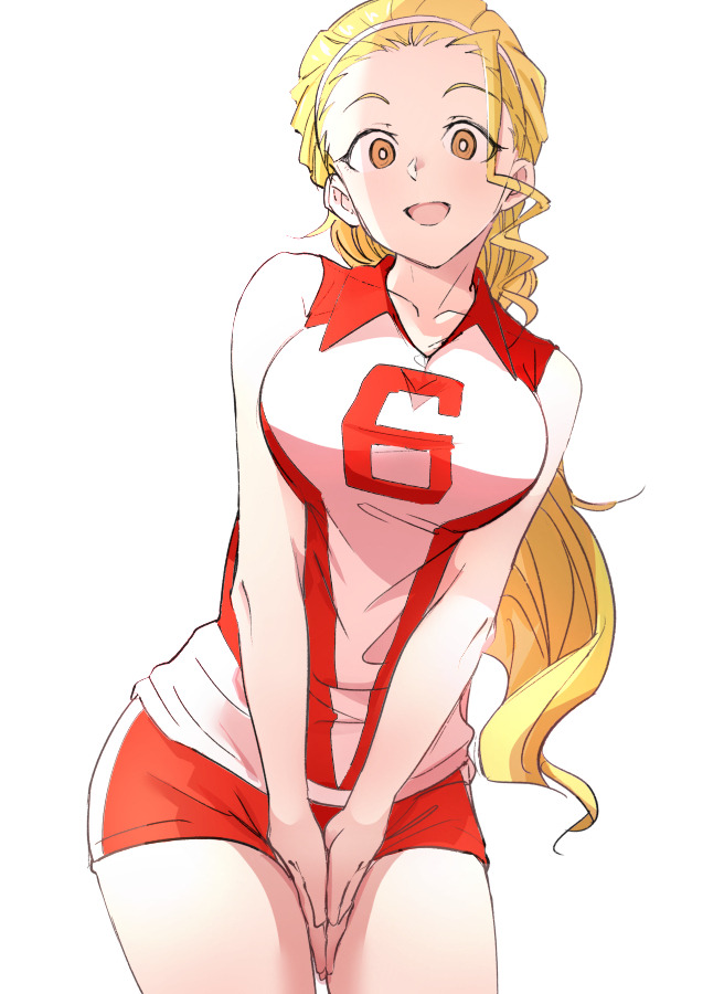 1girl blonde_hair breasts brown_eyes cowboy_shot girls_und_panzer hair_pulled_back large_breasts leaning_forward leaning_to_the_side long_hair looking_at_viewer mituki_(mitukiiro) open_mouth ponytail red_shirt red_shorts sasaki_akebi shirt short_shorts shorts simple_background sleeveless sleeveless_shirt smile solo sportswear standing v_arms volleyball_uniform white_background white_pupils