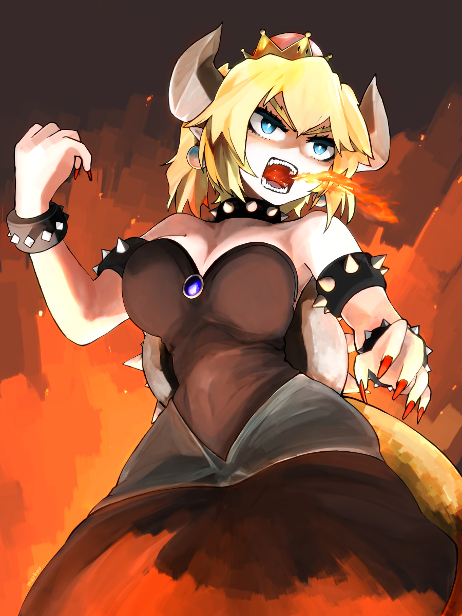 1girl armlet black_dress blue_eyes borrowed_design bowsette bracelet breasts breathing_fire brooch cleavage collar commentary_request crown dress earrings fingernails fire frown highres horns jewelry large_breasts looking_to_the_side super_mario_bros. nail_polish new_super_mario_bros._u_deluxe nintendo open_mouth red_nails sharp_fingernails sharp_teeth solo spiked_armlet spiked_bracelet spiked_collar spiked_shell spikes standing strapless strapless_dress super_crown susumu tail teeth turtle_shell v-shaped_eyebrows white_pupils