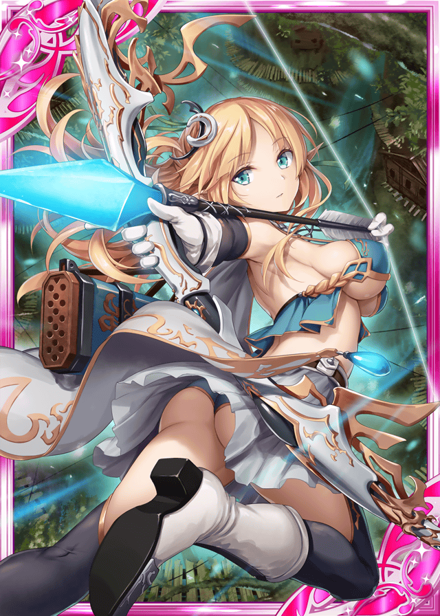 1girl akkijin archery armpits arrow ass blonde_hair blue_eyes boots bow_(weapon) breasts cape card_(medium) cleavage elf flying gloves glowing glowing_weapon hair_ornament large_breasts official_art pointy_ears shinkai_no_valkyrie soles thigh-highs underwear weapon white_cape white_gloves