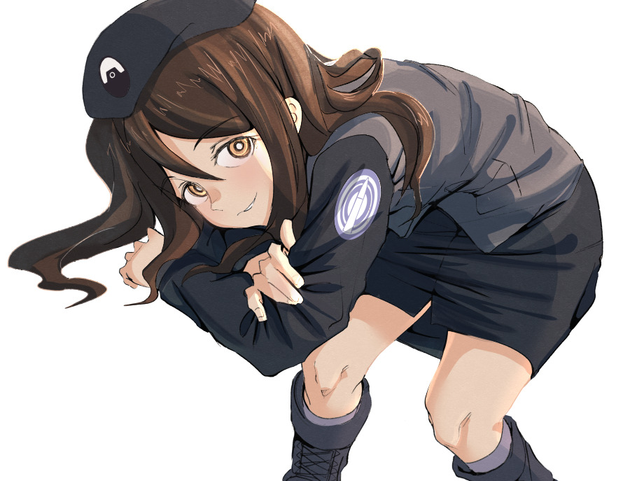 1girl beret black_footwear black_hat black_jacket black_skirt boots brown_eyes brown_hair closed_mouth cross-laced_footwear crossed_arms emblem eyebrows_visible_through_hair girls_und_panzer hat jacket japanese_tankery_league_(emblem) lace-up_boots leaning_forward leaning_to_the_side long_hair long_sleeves looking_at_viewer megumi_(girls_und_panzer) military military_hat military_uniform miniskirt mituki_(mitukiiro) pencil_skirt selection_university_(emblem) selection_university_military_uniform simple_background sitting skirt smile solo uniform white_background white_pupils