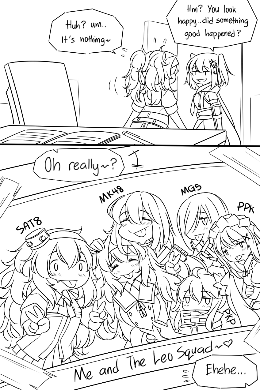2koma :p bangs chair comic desk gambier_bay_(kantai_collection) girls_frontline guin_guin hand_on_another's_head highres kantai_collection mg5_(girls_frontline) mk48 monochrome photo_(object) pkp_(girls_frontline) ppk_(girls_frontline) s.a.t.8_(girls_frontline) sendai_(kantai_collection) smile tongue tongue_out v