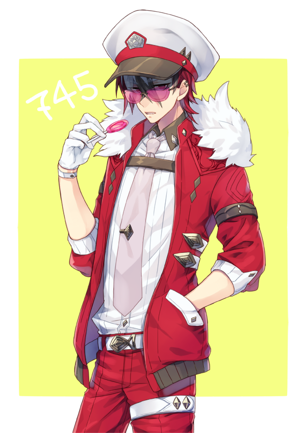 1boy armlet belt black_hair candy cowboy_shot creatures_(company) ear_clip food fur_trim game_freak gen_7_pokemon glasses gloves grey_neckwear hand_in_pocket hand_up hat jacket kasuka108 lollipop looking_at_viewer lycanroc male_focus necktie nintendo pants personification pink_glasses pokemon red_eyes red_jacket red_pants redhead shirt simple_background standing white_gloves white_hat white_shirt wristband yellow_background