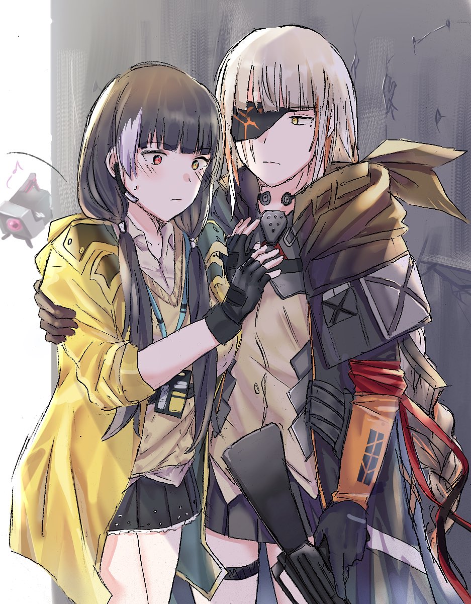 2girls artist_request black_hair blush breasts cleavage commentary_request dinergate_(girls_frontline) eyepatch girls_frontline heterochromia highlights highres hug jacket m16a1 m16a1_(girls_frontline) multicolored_hair multiple_girls name_tag red_eyes ro635_(girls_frontline) scar scar_across_eye spoilers white_hair yellow_eyes yuri