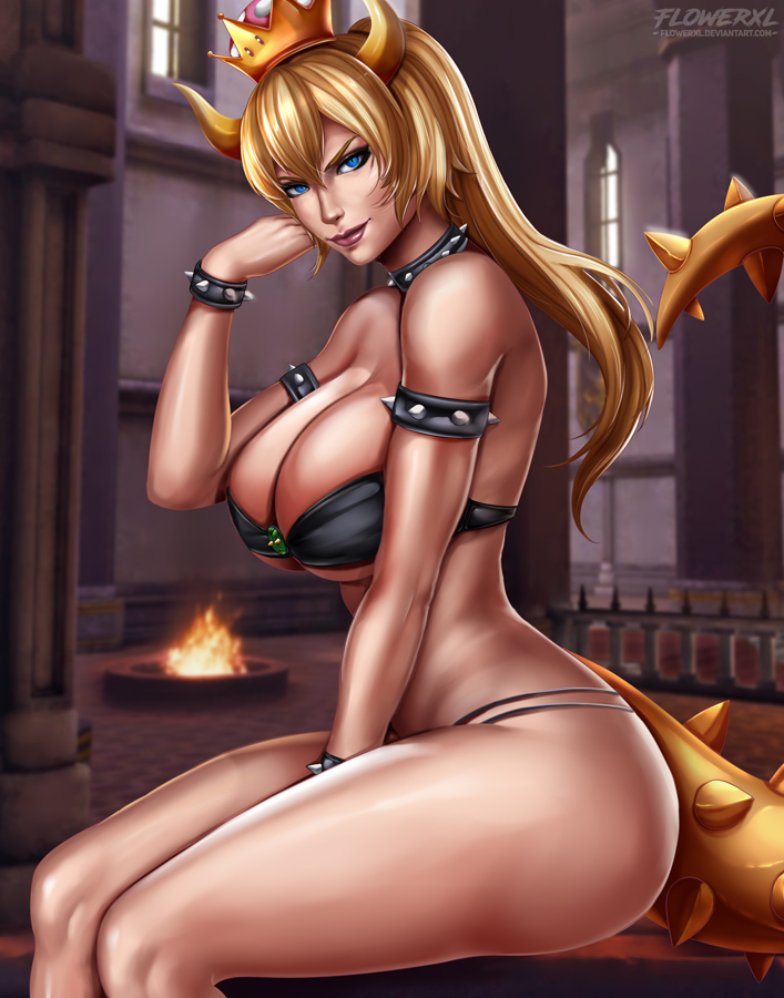 1girl armlet bare_shoulders between_legs bikini black_bikini black_collar blonde_hair borrowed_design bowser bowsette bracelet breasts cleavage collar crown dress fire flowerxl from_side genderswap hand_between_legs hand_on_own_cheek horns indoors jewelry large_breasts super_mario_bros. new_super_mario_bros._u_deluxe nintendo pinup pointy_ears red_lips sitting smile spiked_armlet spiked_bracelet spiked_collar spiked_tail spikes strapless strapless_bikini super_crown super_mario_bros. swimsuit tail thighs transformation under_boob