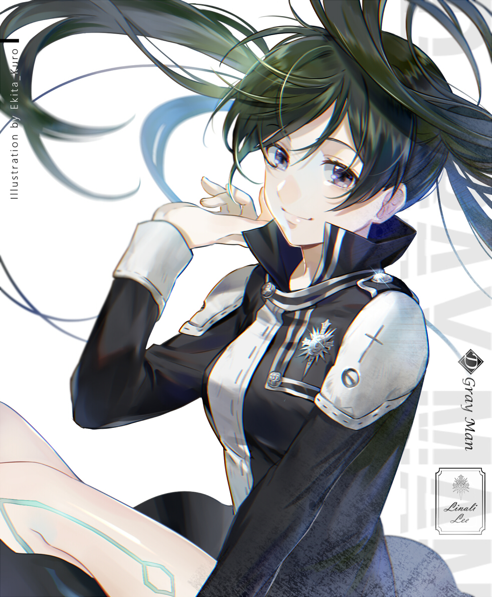 1girl artist_name backlighting bangs black_jacket bloom blurry breasts character_name chromatic_aberration closed_mouth copyright_name cross d.gray-man depth_of_field disconnected_mouth ekita_xuan eyebrows_visible_through_hair floating_hair glint green_hair hand_up high_collar jacket lenalee_lee long_hair long_sleeves looking_at_viewer medium_breasts simple_background sleeve_cuffs smile solo thighs twintails very_long_hair violet_eyes white_background