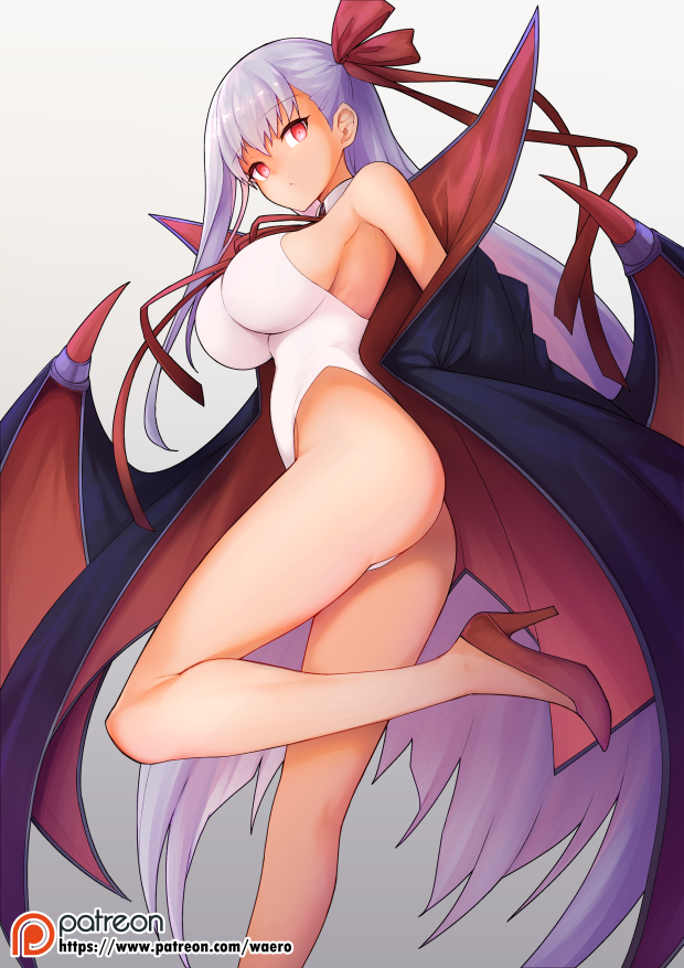 1girl ass bare_shoulders bb_(fate)_(all) bb_(swimsuit_mooncancer)_(fate) breasts chinese_commentary closed_mouth commentary_request demon_wings empty_eyes eyebrows_visible_through_hair fate/grand_order fate_(series) gradient gradient_background hair_ribbon high_heels highleg highleg_swimsuit large_breasts legs long_hair looking_at_viewer nishino_(waero) one-piece_swimsuit patreon_logo patreon_username purple_hair red_eyes ribbon robe simple_background solo swimsuit very_long_hair white_swimsuit wings