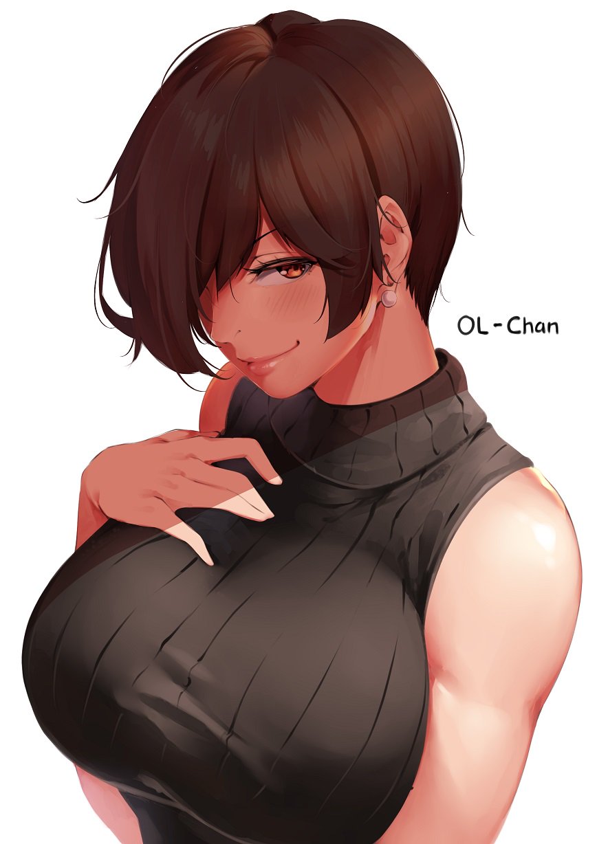 1girl bangs bare_shoulders blush breasts brown_eyes brown_hair brown_shirt closed_mouth commentary earrings english_commentary hair_over_one_eye hand_on_own_chest highres jewelry large_breasts looking_at_viewer lulu-chan92 office_lady ol-chan_(norman_maggot) original pink_lips pixie_cut ribbed_shirt shirt short_hair sleeveless sleeveless_shirt smile solo white_background
