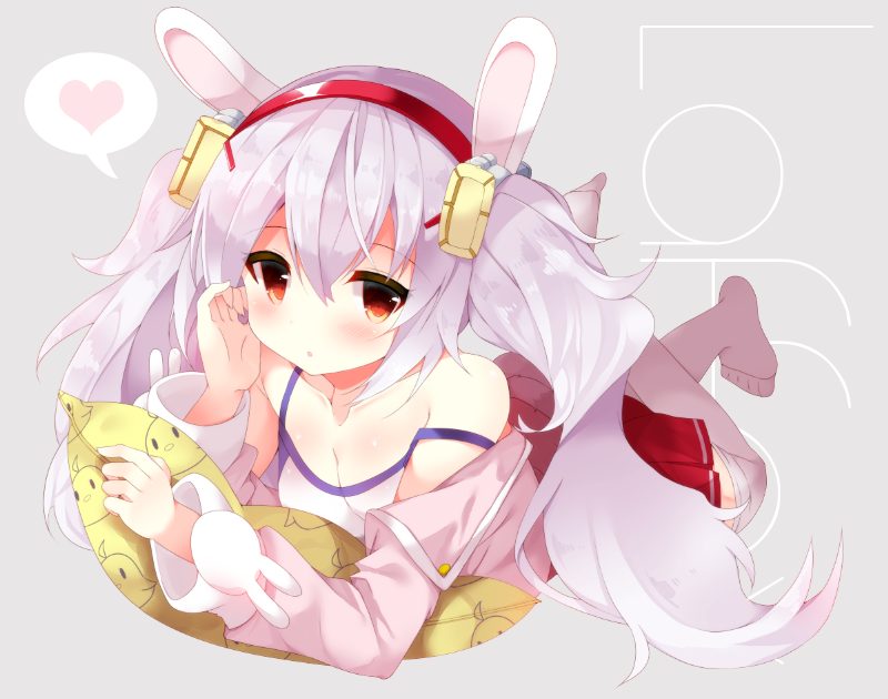1girl animal_ears azur_lane bangs bare_shoulders blush breasts camisole character_name cleavage collarbone commentary_request eyebrows_visible_through_hair full_body fuuna_thise grey_background hair_between_eyes hair_ornament hairband heart jacket laffey_(azur_lane) long_hair long_sleeves looking_at_viewer lying no_shoes off_shoulder on_stomach open_clothes open_jacket parted_lips pillow pink_jacket pleated_skirt rabbit_ears red_eyes red_hairband red_skirt silver_hair skirt small_breasts solo spoken_heart strap_slip thigh-highs twintails very_long_hair white_camisole white_legwear