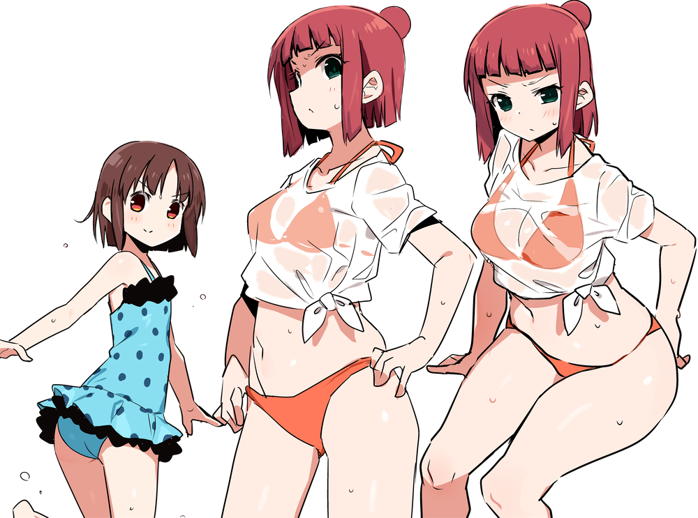 &gt;:) 2girls bangs bare_arms bare_shoulders bikini blue_swimsuit blush breasts brown_hair casual_one-piece_swimsuit closed_mouth collarbone eyebrows_visible_through_hair green_eyes hair_bun medium_breasts multiple_girls multiple_views one-piece_swimsuit orange_bikini polka_dot polka_dot_swimsuit red_eyes redhead sagimori_arata saki saki_achiga-hen see-through shirt shisoneri short_sleeves sitting smile standing standing_on_one_leg swimsuit tied_shirt usuzawa_sae v-shaped_eyebrows wet wet_clothes wet_shirt white_shirt