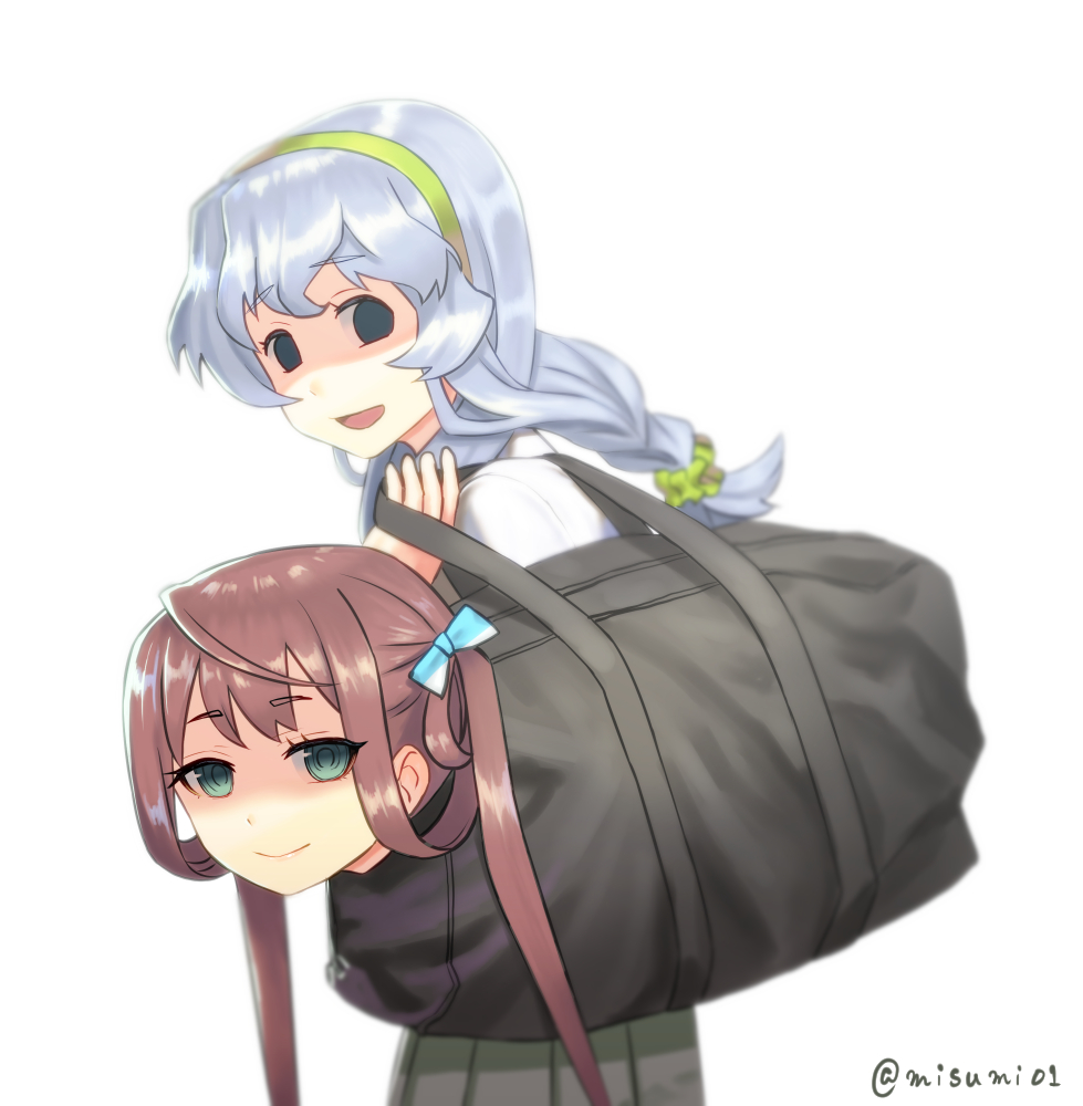 2girls asagumo_(kantai_collection) bag braid brown_hair commentary_request empty_eyes green_eyes green_hairband grey_hair hairband holding holding_bag in_bag in_container kantai_collection looking_at_another misumi_(niku-kyu) multiple_girls open_mouth school_uniform twintails what yamagumo_(kantai_collection)