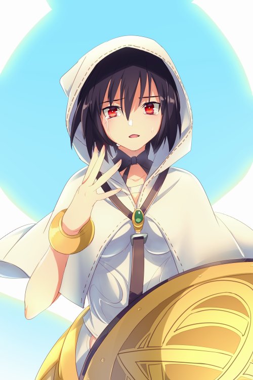 1girl black_hair breasts cis05 crying crying_with_eyes_open day energy_spear energy_weapon energy_wings fate/grand_order fate_(series) hand_up holding holding_weapon hood hoodie open_mouth ortlinde_(fate/grand_order) polearm shield short_hair sky spear tears valkyrie_(fate/grand_order) weapon white_hoodie wings