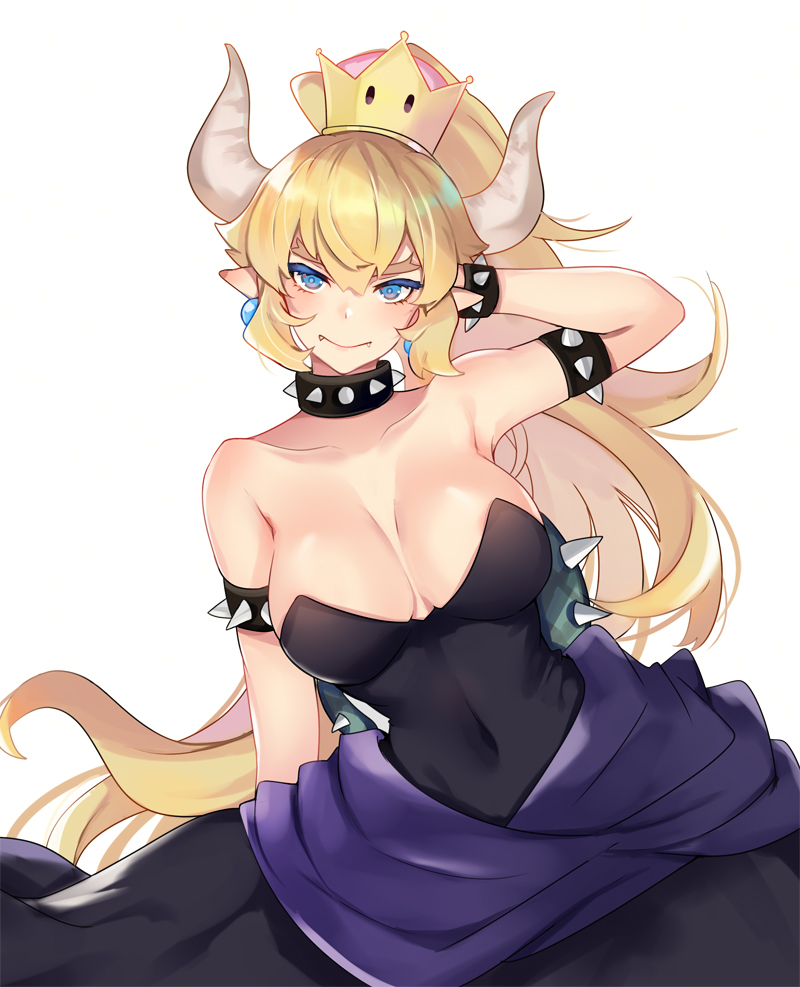 1girl arm_at_side bare_shoulders black_dress blonde_hair blue_eyes blush bowsette bracelet breasts cleavage collar collarbone colored_eyelashes dress fangs_out hand_behind_head hand_in_hair high_ponytail horns jewelry large_breasts long_hair long_ponytail looking_at_viewer super_mario_bros. new_super_mario_bros._u_deluxe nintendo pointy_ears ponytail shiny shiny_clothes shiny_hair shiny_skin simple_background smile solo spiked_bracelet spiked_collar spiked_shell spikes thick_eyebrows upper_body waist_cape white_background wide_ponytail zonana