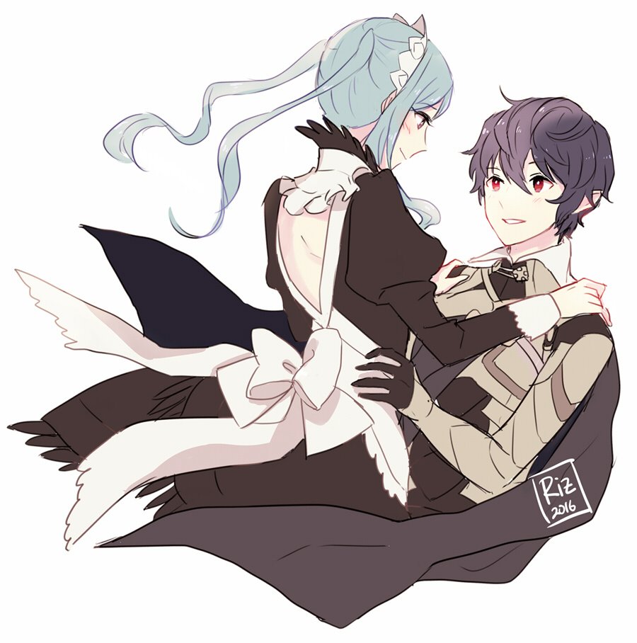 1boy 1girl 2016 alternate_hairstyle armor back black_gloves black_hair blue_hair blush cape closed_mouth commentary dinikee english_commentary eyebrows_visible_through_hair fire_emblem fire_emblem_if flora_(fire_emblem_if) gloves grey_eyes hand_on_another's_hip hand_on_another's_shoulder looking_at_another maid maid_dress maid_headdress male_my_unit_(fire_emblem_if) my_unit_(fire_emblem_if) nintendo pointy_ears red_eyes signature simple_background smile twintails white_background