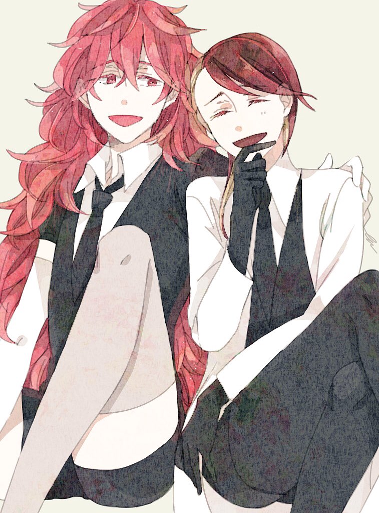 2others androgynous asymmetrical_hair blonde_hair closed_eyes colored_eyelashes eeennnka elbow_gloves gem_uniform_(houseki_no_kuni) gloves hand_on_another's_shoulder houseki_no_kuni labcoat laughing long_hair multicolored_hair multiple_others necktie open_mouth padparadscha_(houseki_no_kuni) red_eyes redhead rutile_(houseki_no_kuni) short_hair sitting smile tan_background thigh-highs two-tone_hair wavy_hair