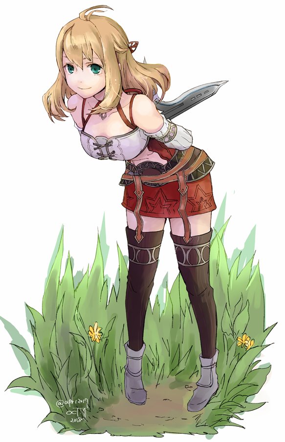 1girl arms_behind_back blonde_hair breasts field fiorun full_body green_eyes long_hair looking_at_viewer nintendo robaco short_hair simple_background smile solo sword weapon xenoblade_(series) xenoblade_1