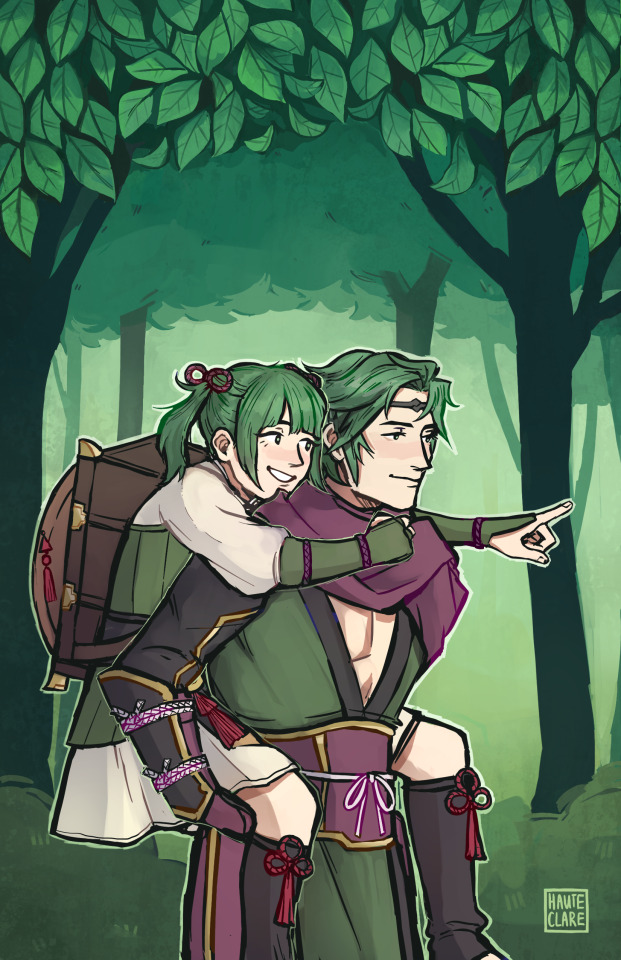 1boy 1girl carrying father_and_daughter fire_emblem fire_emblem_if forest green_eyes green_hair hat japanese_clothes midoriko_(fire_emblem_if) nature nintendo piggyback pointing_finger smile straw_hat suzukaze_(fire_emblem_if) tree twintails