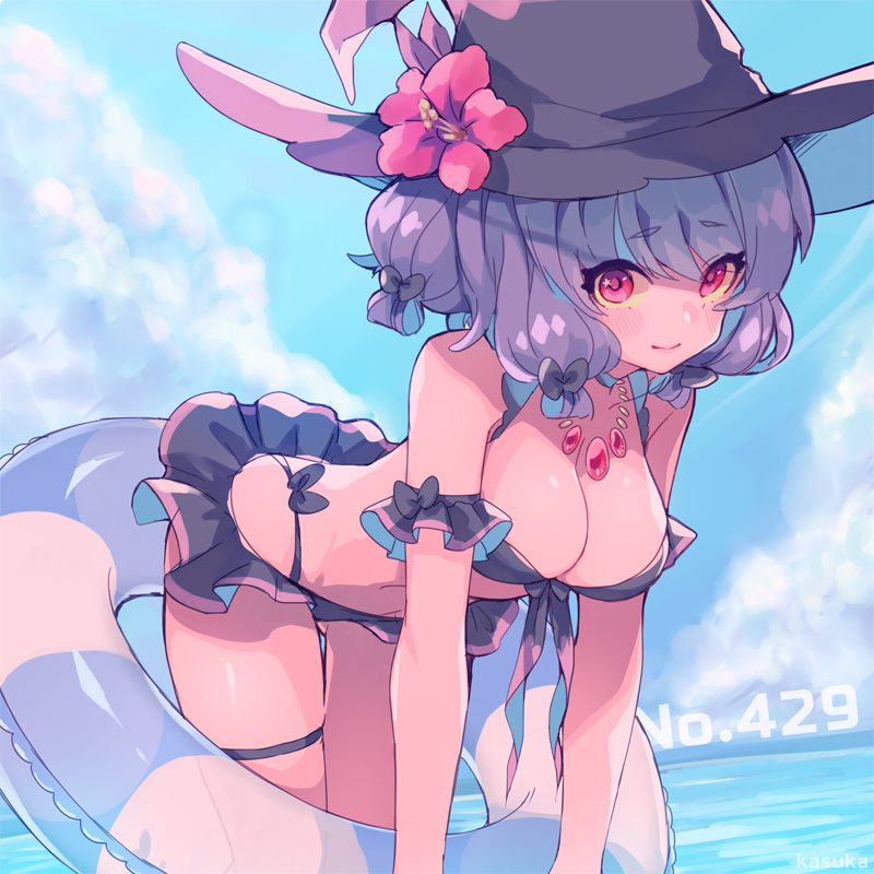 1girl arm_scrunchie bare_shoulders bikini black_bikini black_bow blue_sky bow breasts cleavage clouds creatures_(company) day eyebrows_visible_through_hair flower game_freak gen_4_pokemon hair_bow hat hat_flower innertube kasuka108 leaning_forward medium_breasts mismagius nintendo ocean outdoors personification pink_eyes pokemon purple_hair short_hair sky smile solo standing swimsuit thigh_strap water witch_hat