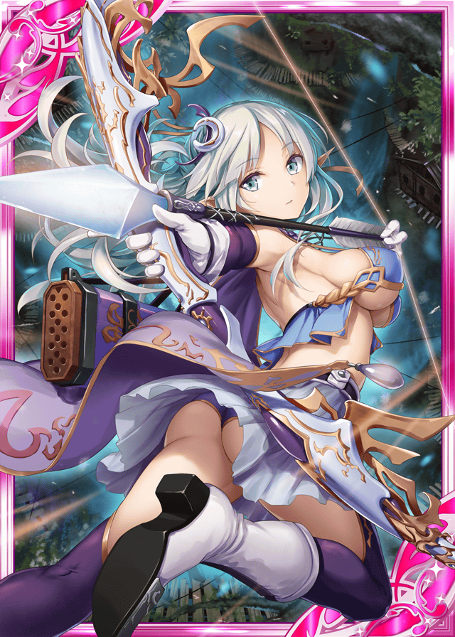 1girl akkijin archery armpits arrow ass boots bow_(weapon) breasts cape card_(medium) cleavage elf flying gloves glowing glowing_weapon grey_eyes hair_ornament large_breasts official_art pointy_ears purple_cape shinkai_no_valkyrie silver_hair soles thigh-highs underwear weapon white_gloves