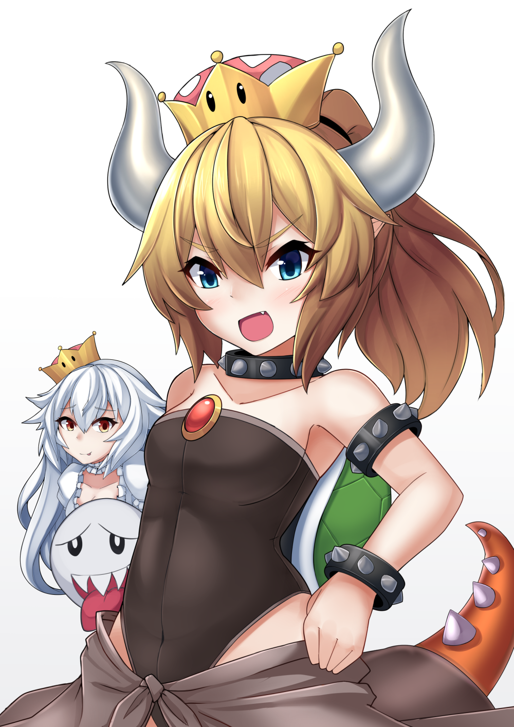 2girls aqua_eyes bangs bare_shoulders black_leotard boo bowsette bracelet breasts brooch character_doll choker collar covered_navel doll dress eyebrows_visible_through_hair fang frilled_dress frills hair_between_eyes high_ponytail highleg highleg_leotard highres holding holding_doll horns jewelry kuronekozero leotard light_smile long_hair long_ponytail luigi's_mansion super_mario_bros. multiple_girls new_super_mario_bros._u_deluxe nintendo open_mouth outline pointy_ears princess_king_boo puffy_short_sleeves puffy_sleeves reflective_eyes sharp_teeth shiny shiny_hair short_hair short_sleeves sidelocks simple_background small_breasts smile spiked_bracelet spiked_collar spiked_shell spikes strapless strapless_dress super_crown teeth tongue tongue_out very_long_hair white_background white_choker white_dress white_hair younger