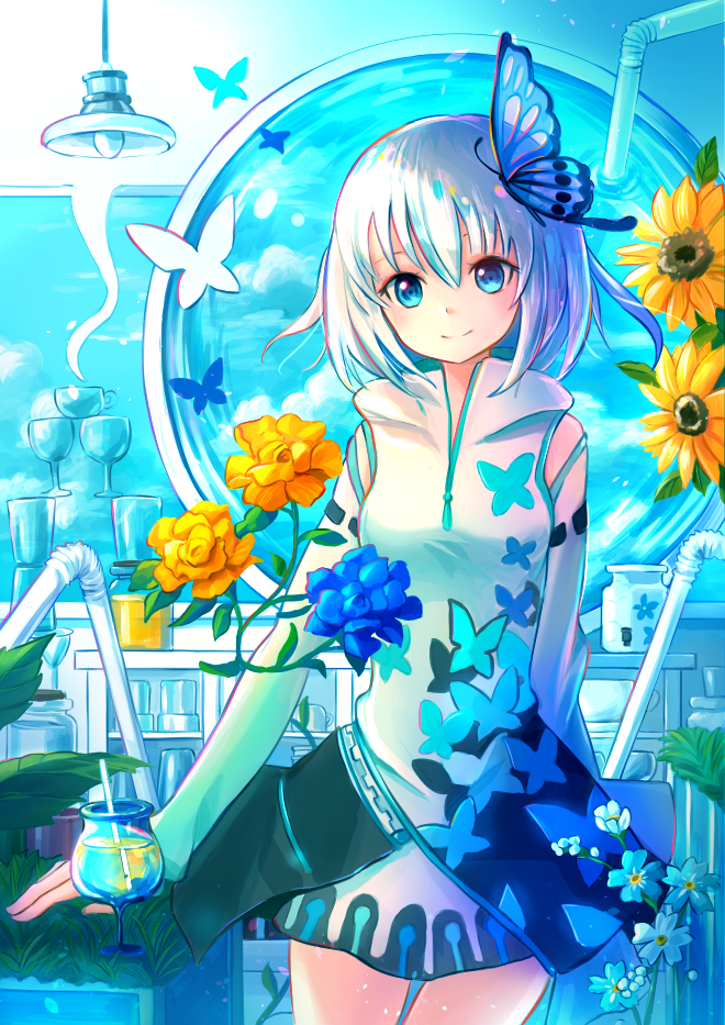 1girl blue_eyes blush breasts butterfly_hair_ornament closed_mouth cup drinking_glass drinking_straw eyebrows flower hair_ornament kutsunohito looking_at_viewer medium_breasts original silver_hair smile solo sunflower table