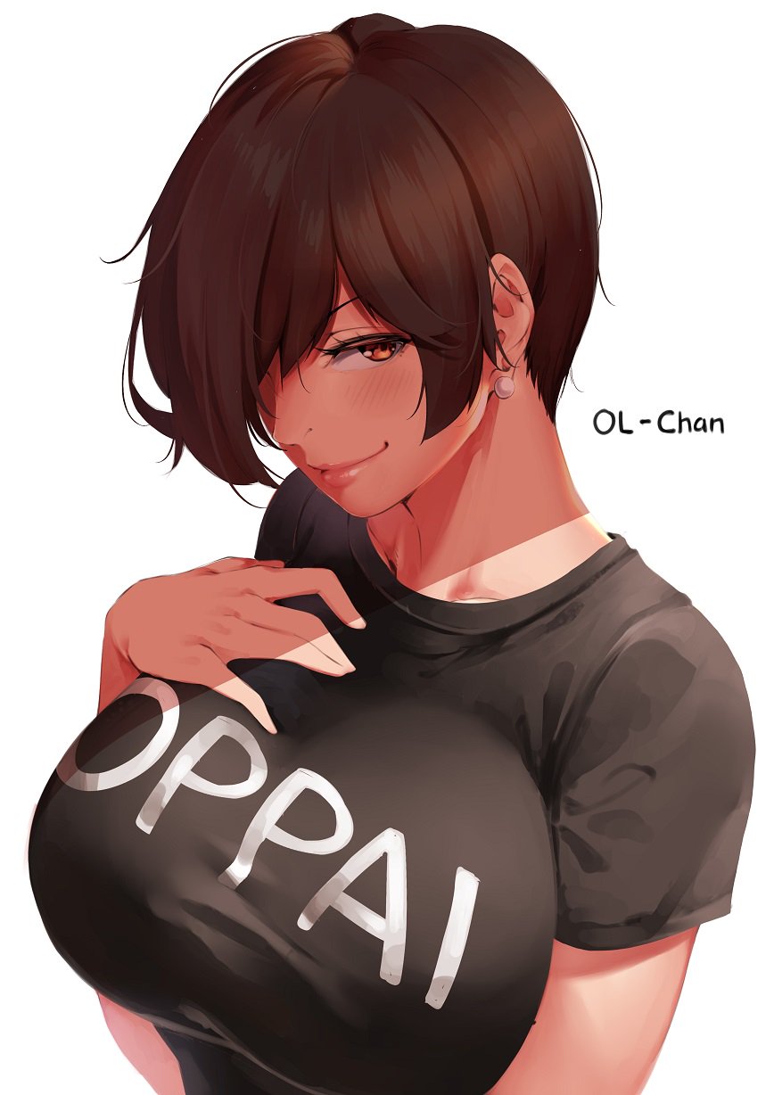 1girl bangs bare_shoulders black_shirt blush breasts brown_eyes brown_hair casual cleavage closed_mouth collarbone commentary earrings english_commentary hair_over_one_eye hand_on_own_chest highres jewelry large_breasts looking_at_viewer lulu-chan92 office_lady ol-chan_(norman_maggot) original pink_lips pixie_cut shirt short_hair smile solo t-shirt white_background
