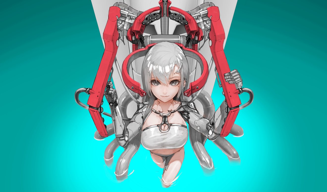 1girl android bangs breasts closed_mouth eyebrows_visible_through_hair grey_eyes grey_hair hiragana_(gomasyabu) holding large_breasts long_hair looking_at_viewer machinery mechanical_arm original silver_hair smile standing tube water