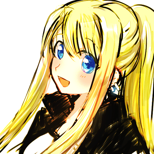 1girl :d bangs blonde_hair blue_eyes blush close-up dutch_angle earrings eyebrows_visible_through_hair eyelashes face fullmetal_alchemist glowing_earrings happy jacket jewelry long_hair looking_at_viewer looking_up open_mouth ponytail shirt simple_background smile solo tsukuda0310 upper_body white_background white_shirt winry_rockbell