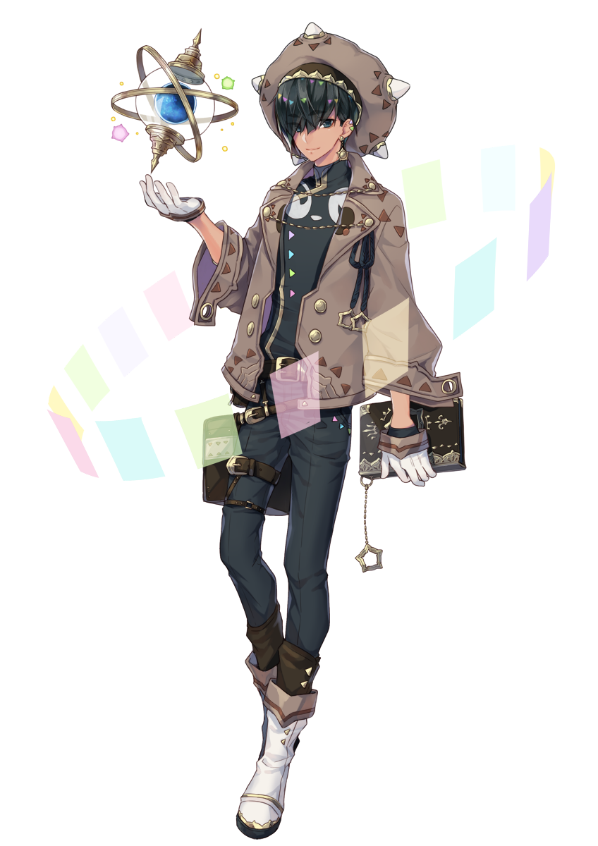 1boy belt black_eyes black_hair black_pants black_shirt book brown_hat brown_jacket brown_legwear creatures_(company) ear_clip earrings full_body game_freak gen_7_pokemon gloves hair_over_one_eye hat highres jacket jewelry kasuka108 leg_belt looking_at_viewer male_focus minior nintendo orb pants personification pokemon shirt simple_background standing star star_earrings white_background white_footwear white_gloves