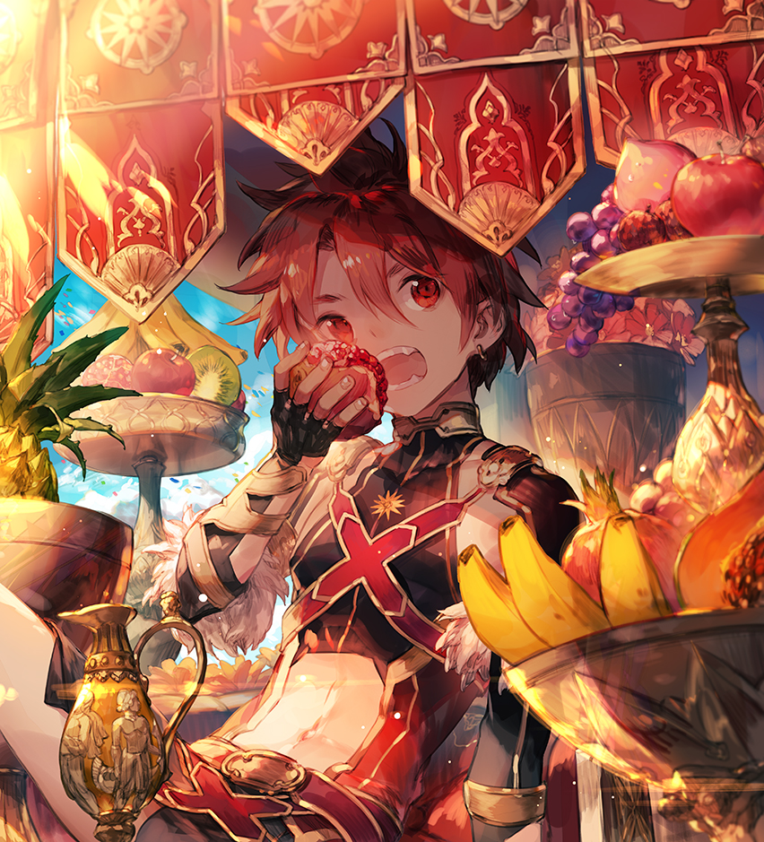 1boy alexander_(fate/grand_order) apple arm_guards arm_support asymmetrical_bangs banana bangs basket belt black_gloves bouquet collarbone commentary_request day earrings eating fate/grand_order fate_(series) fingerless_gloves flower food fruit fur_trim gloves grapes hair_between_eyes holding holding_food jewelry kiwifruit knee_up leaning_back looking_away looking_to_the_side male_focus messy_hair navel navel_cutout open_mouth outdoors peach pineapple pomegranate red_eyes red_flower redhead scorpion5050 sitting solo sunlight teeth
