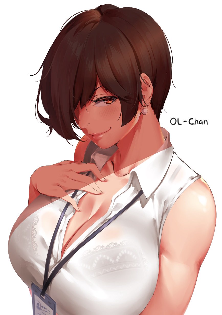 1girl badge bangs bare_shoulders blush bra breasts brown_eyes brown_hair cleavage closed_mouth collarbone collared_shirt commentary dress_shirt earrings english_commentary formal hair_over_one_eye hand_on_own_chest highres id_card jewelry lace lace_bra lanyard large_breasts looking_at_viewer lulu-chan92 name_tag office_lady ol-chan_(norman_maggot) original pink_lips pixie_cut see-through shirt short_hair sleeveless sleeveless_shirt smile solo underwear white_background white_shirt