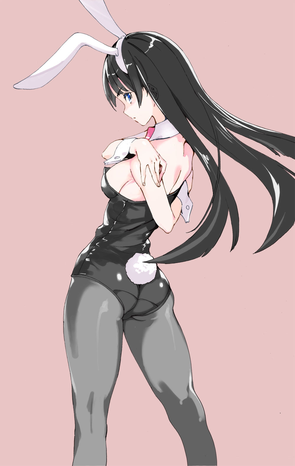 1girl alternate_costume animal_ears arm_behind_back arms_around_back ass back bangs bare_back bare_shoulders black_hair black_leotard blue_eyes bow bowtie breasts bunny_girl bunny_tail bunnysuit closed_mouth detached_collar ears_visible_through_hair eyebrows_visible_through_hair fake_animal_ears female floating_hair from_behind grey_background head_tilt highres leotard long_hair looking_at_viewer looking_back looking_to_the_side metallican nijisanji pantyhose pink_background pink_bow pink_neckwear rabbit_ears sideboob simple_background solo standing strapless strapless_leotard tail tail_through_clothes thighs tsukino_mito virtual_youtuber wrist_cuffs