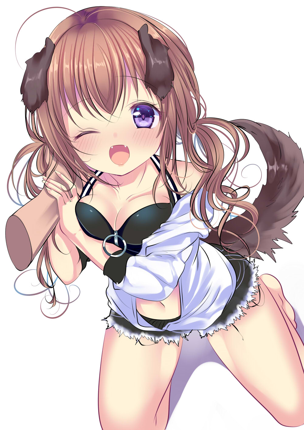 1girl ;d ahoge animal_ears bangs bare_legs bare_shoulders barefoot black_shorts blush breasts brown_hair cleavage collarbone crop_top dog_ears dog_girl dog_tail eyebrows_visible_through_hair fangs fingernails hair_between_eyes hand_on_another's_cheek hand_on_another's_face haruta_(806060) heart highres jacket kneeling long_hair looking_at_viewer medium_breasts midriff navel official_art one_eye_closed open_mouth original out_of_frame personification shadow short_shorts shorts smile solo_focus tail tail_raised violet_eyes white_jacket