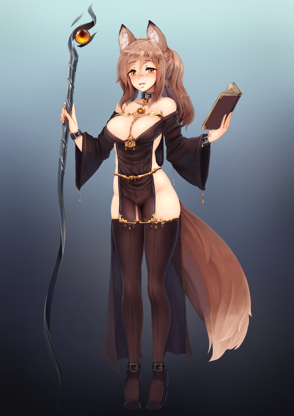 1girl animal_ears arm_belt barbariank bare_shoulders book borrowed_character breasts brown_hair collar collarbone commission eyebrows_visible_through_hair fox_ears fox_girl fox_tail full_body gradient gradient_background high_heels highres holding holding_book holding_staff jewelry kiyone large_breasts long_hair looking_at_viewer no_panties off_shoulder orange_eyes original parted_lips pelvic_curtain ponytail simple_background slit_pupils smile solo staff tail thigh-highs wide_sleeves